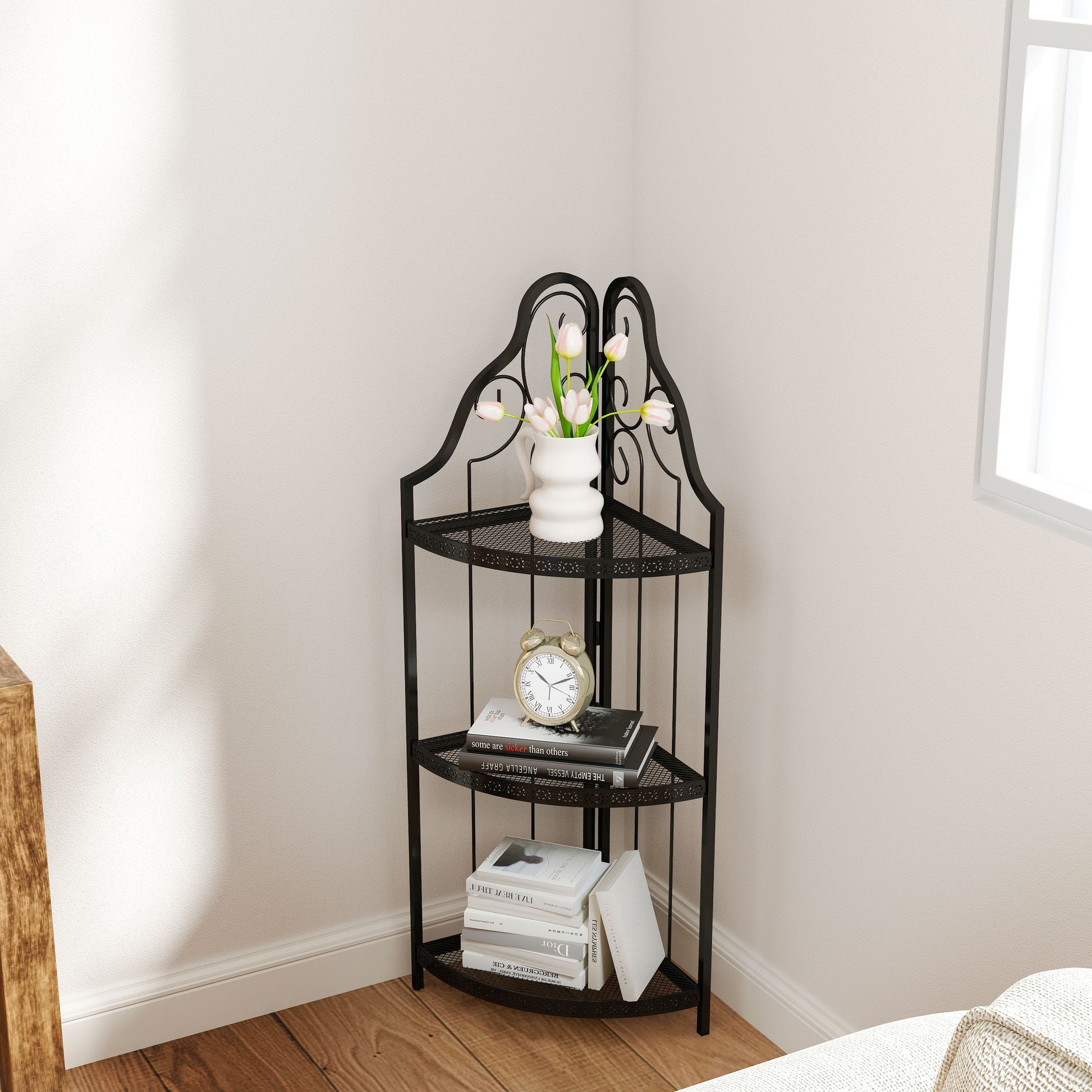 3 Tier Corner Open Shelf,Bookcase Freestanding Shelving Unit,Plant Stand Small Bookshelf For Living Room, Home Office, Kitchen, Small Space Black Corner Office American Design,Rustic Iron