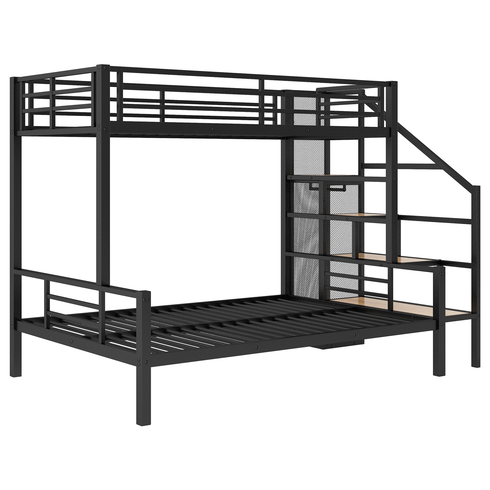 Twin Over Full Size Metal Bunk Bed With Storage Staircase And Open Wardrobe,Black Expected Arrival Time:11.15 Black Mdf Metal