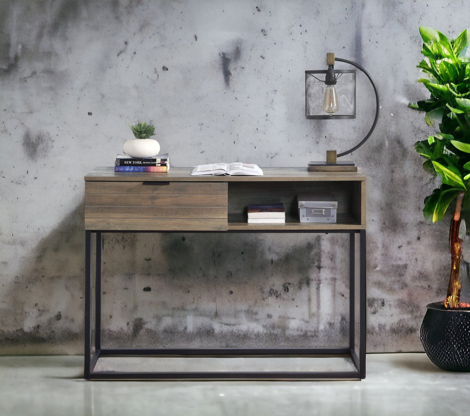 Galeno Writing Desk, Rustic Oak & Black Finish Of00320 Black Mdf Metal