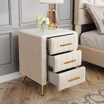 Upholstered Wooden Nightstand With 3 Drawers And Metal Legs&Handles,Fully Assembled Except Legs&Handles,Bedside Table With Marbling Worktop Beige Beige Velvet