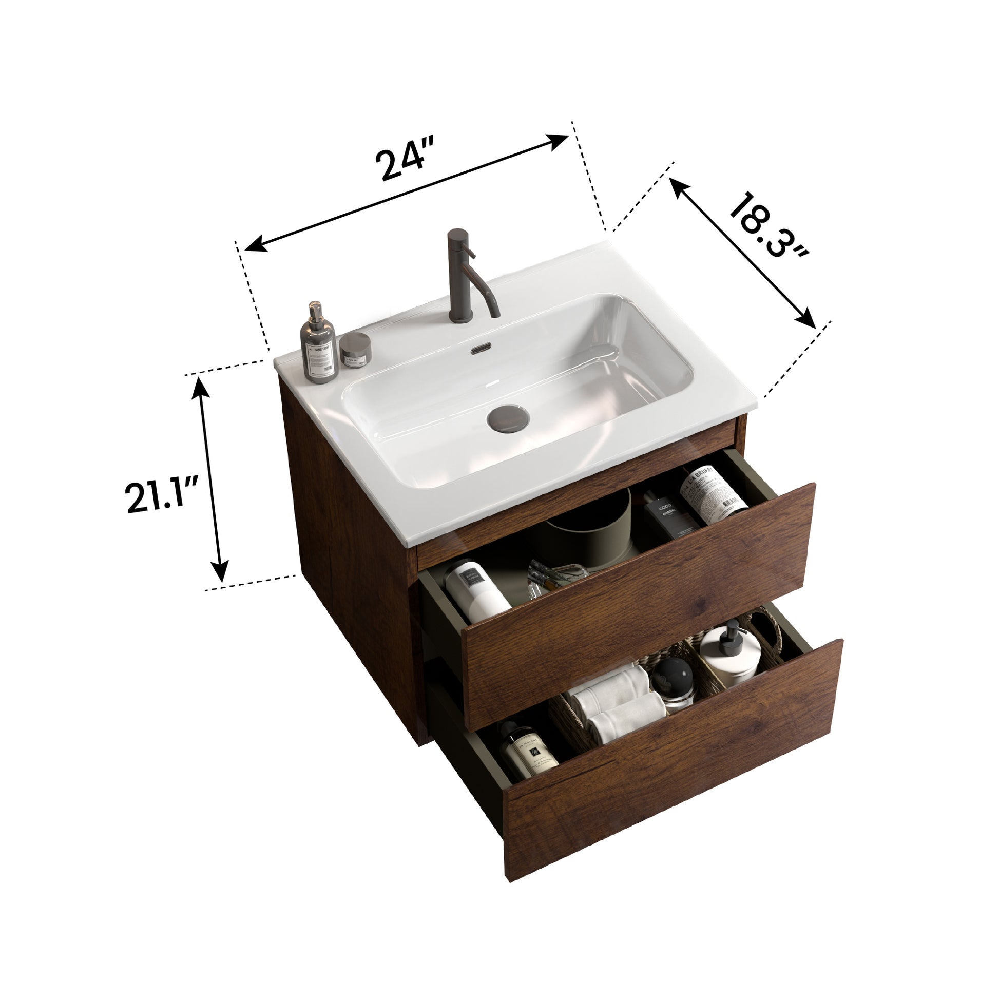 Wall Mount 24" Walnut Bathroom Vanity With Ceramic Sink With One Faucet Hole, Large Storage Floating Bathroom Vanity For Modern Bathroom, One Piece Sink Basin Without Drain And Faucet, Pre Assembled Walnut Bathroom Modern Ceramic Mdf