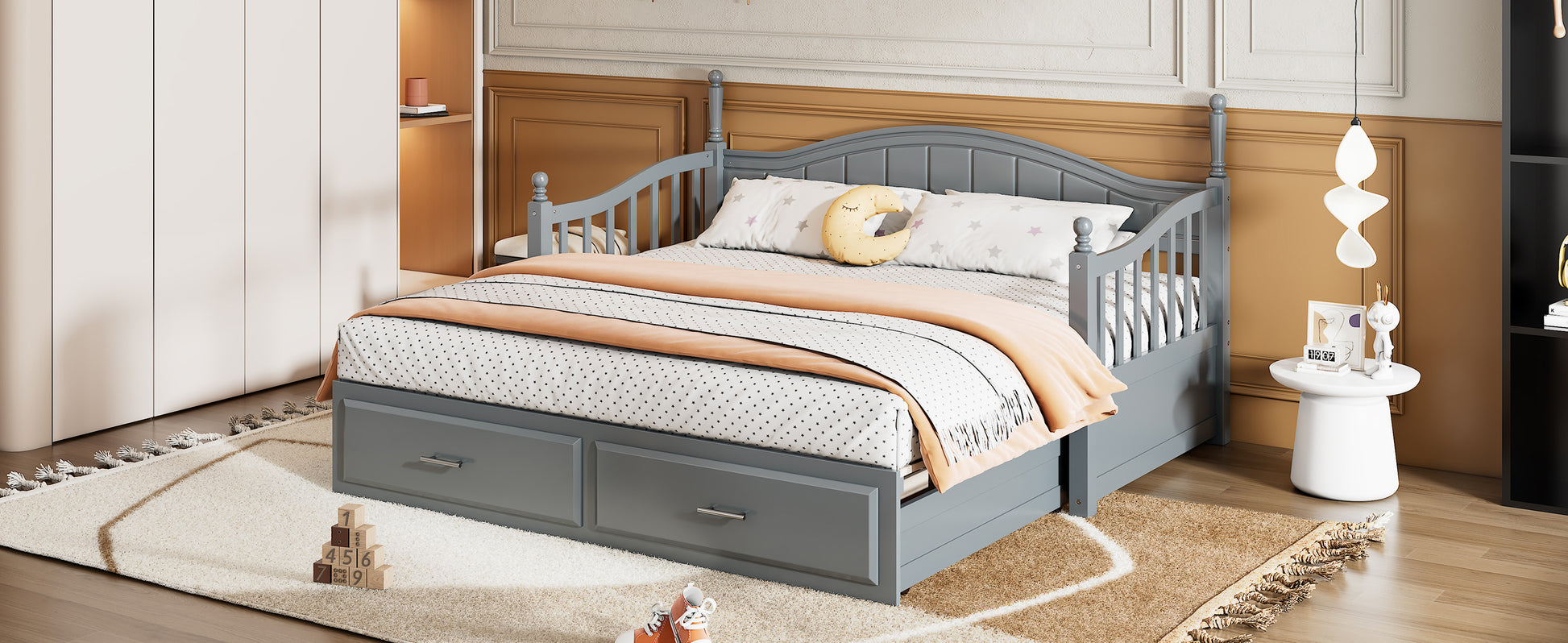 Wooden Twin Size Daybed With Twin Size Trundle, Extendable Daybed With Two Storage Drawers,Gray Expected Arrival Time:9.12 Twin Gray Wood