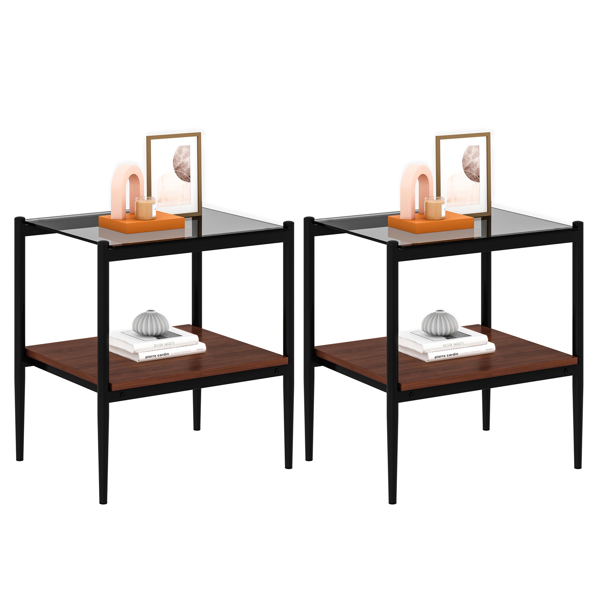 Set Of 2 Rectangle End Table, Tempered Glass Tabletop With Mdf Layer, Modern Table For Living Roomgray Glass Gray Tempered Glass