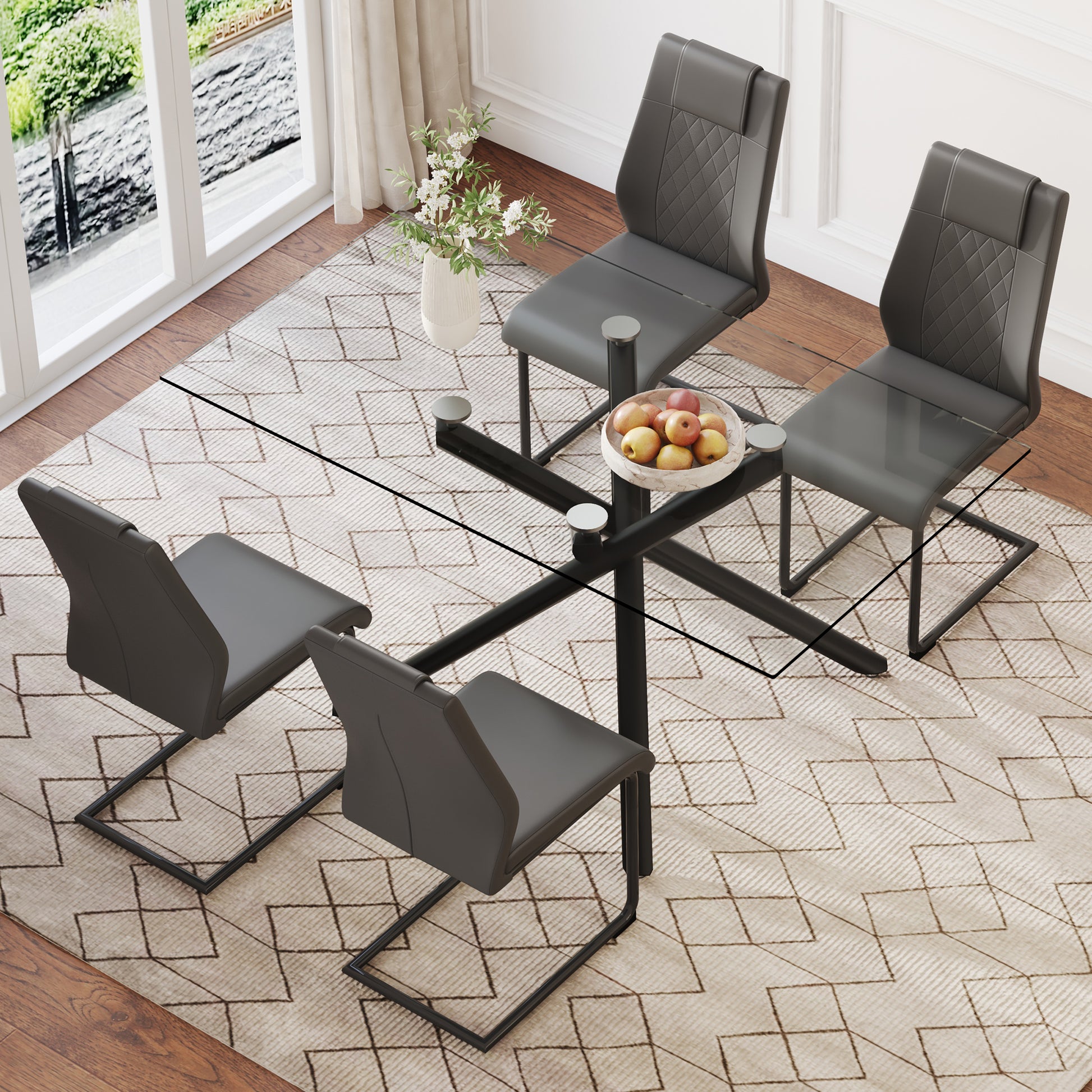 Table And Chair Set.Modern Rectangular Glass Dining Table With 0.39" Tempered Glass Tabletop And Black Metal Legs.Paired With Multiple Chairs Designed With Pu Cushions And Black Metal Legs. Black Grey Seats 4 Tempered Glass