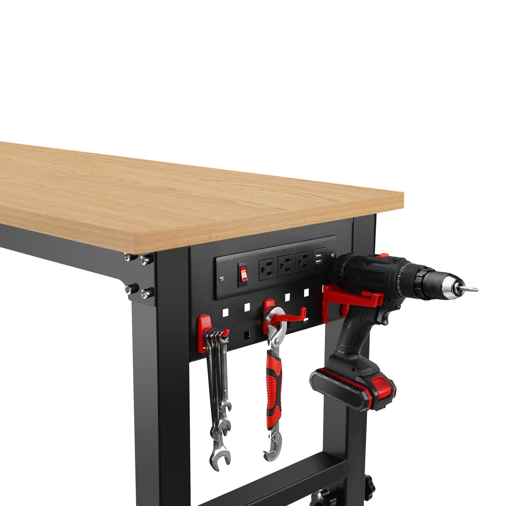 48 "Adjustable Workbench With Power Outlet, Heavy Duty Load Capacity Hardwood Workbench Suitable For Workshop, Office, Garage, Home Black Steel