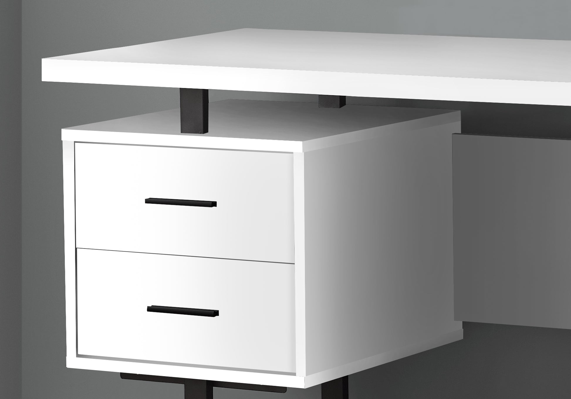 Computer Desk, Home Office, Laptop, Left, Right Set Up, Storage Drawers, 60"L, Work, White Laminate, Black Metal, Contemporary, Modern White Particle Board