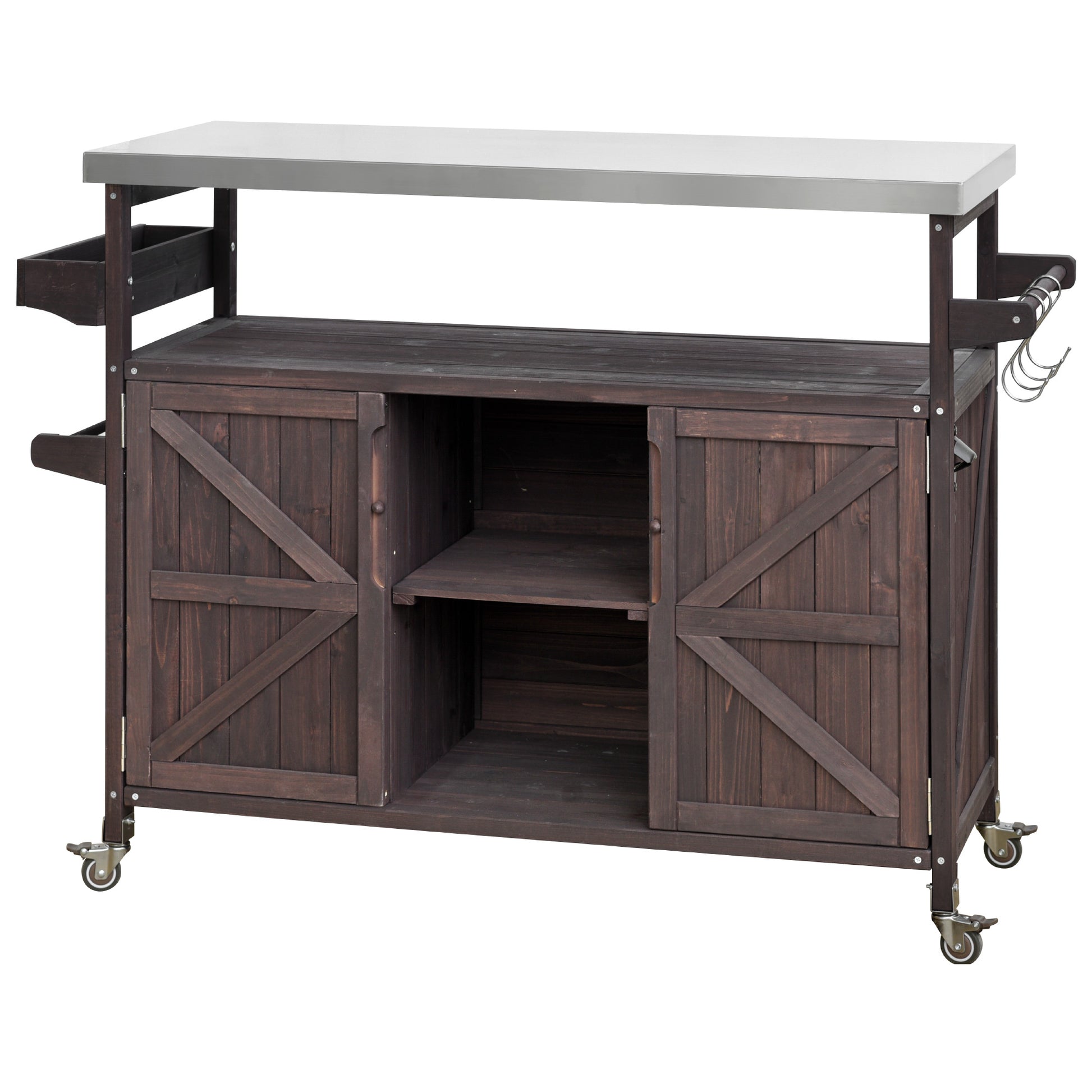 K&K Outdoor Kitchen Island, Rolling Bar Cart & Storage Cabinet, Farmhouse Solid Wood Outdoor Grill Table With Stainless Steel Top, Spice Racktowel Rack For Kitchen & Barbecuedark Brown Dark Brown Garden & Outdoor Classic,Farmhouse,French