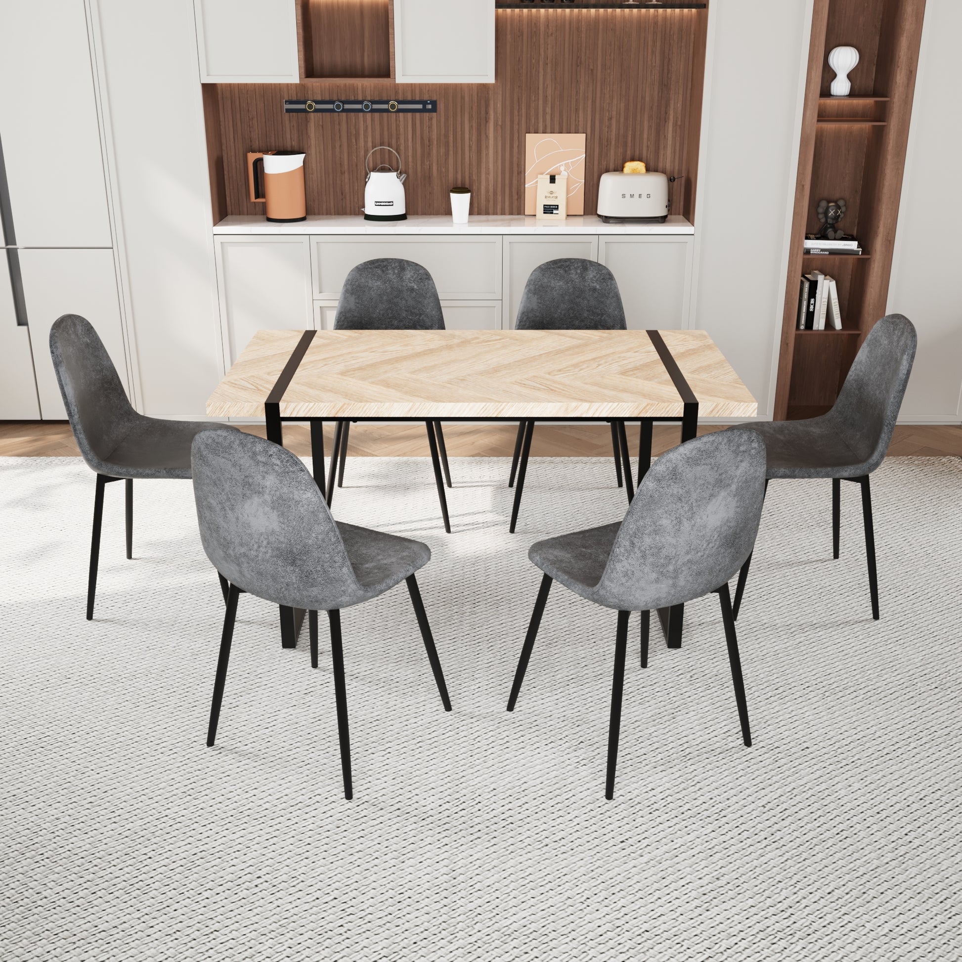 Mdf Light Wood Dining Table And Modern Dining Chair Set Of Pieces, M