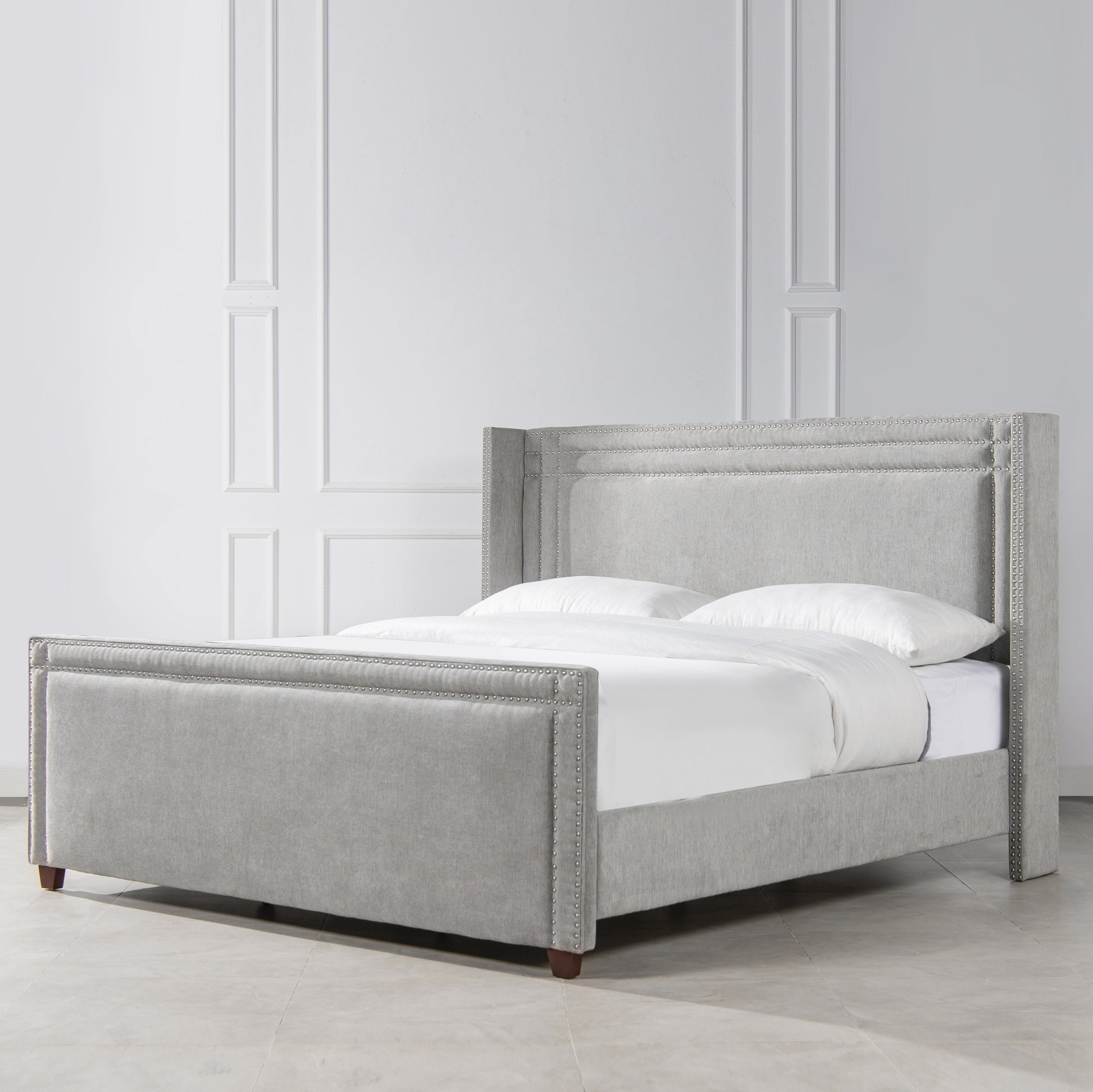 Elle Wingback Upholstered King Bed, Silver Grey Polyester Gray Polyester