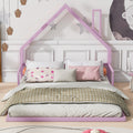 Full Size Metal Floor Bed With House Shaped Headboard, White Box Spring Not Required Full Pink Metal Bedroom Bed Frame Metal