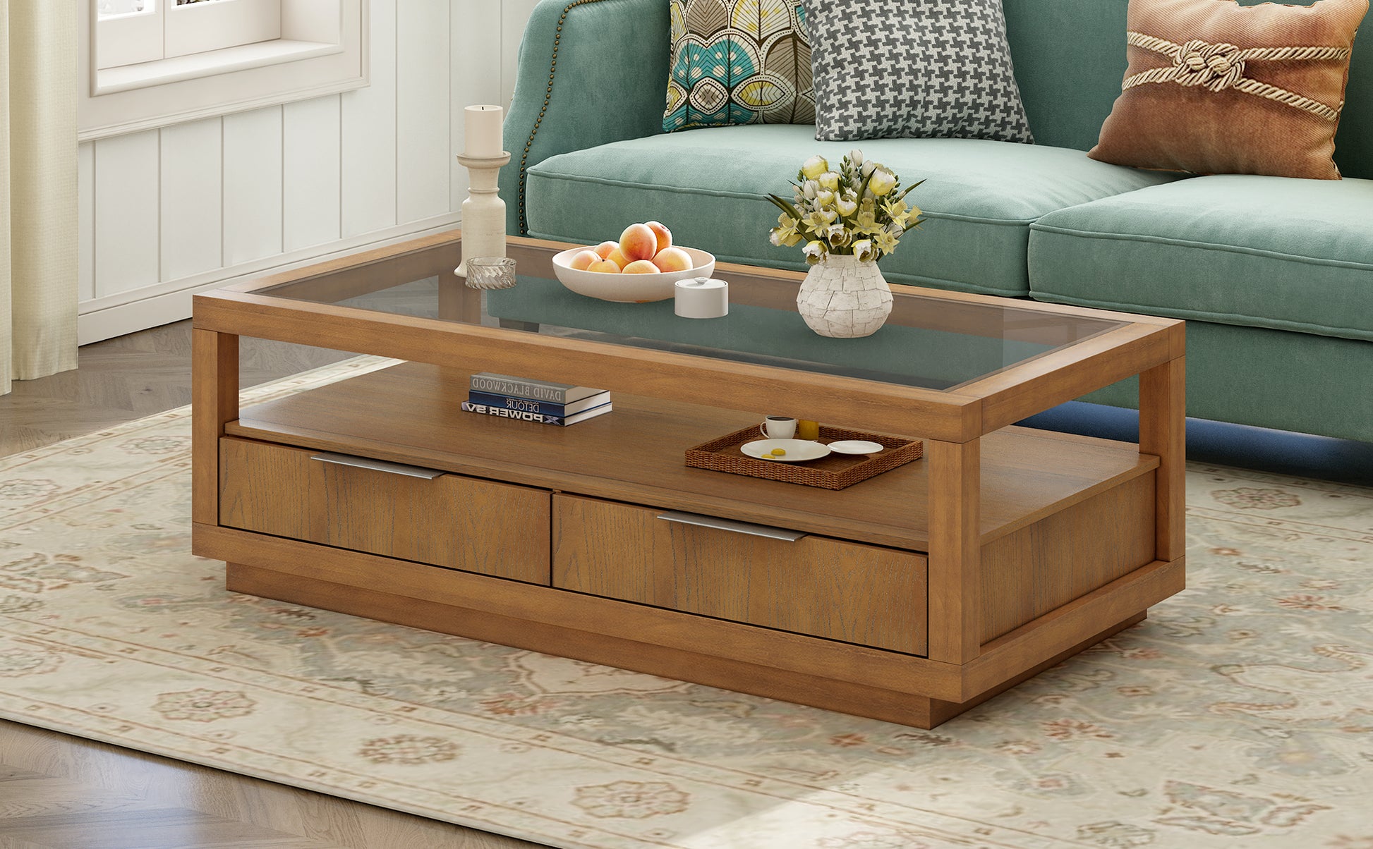 Modern Wood Coffee Table With 2 Drawers ,Minimalist Display Coffee Table With Transparent Tempered Glass, Open Storage Shelf For Living Room Brown Solid Wood Mdf