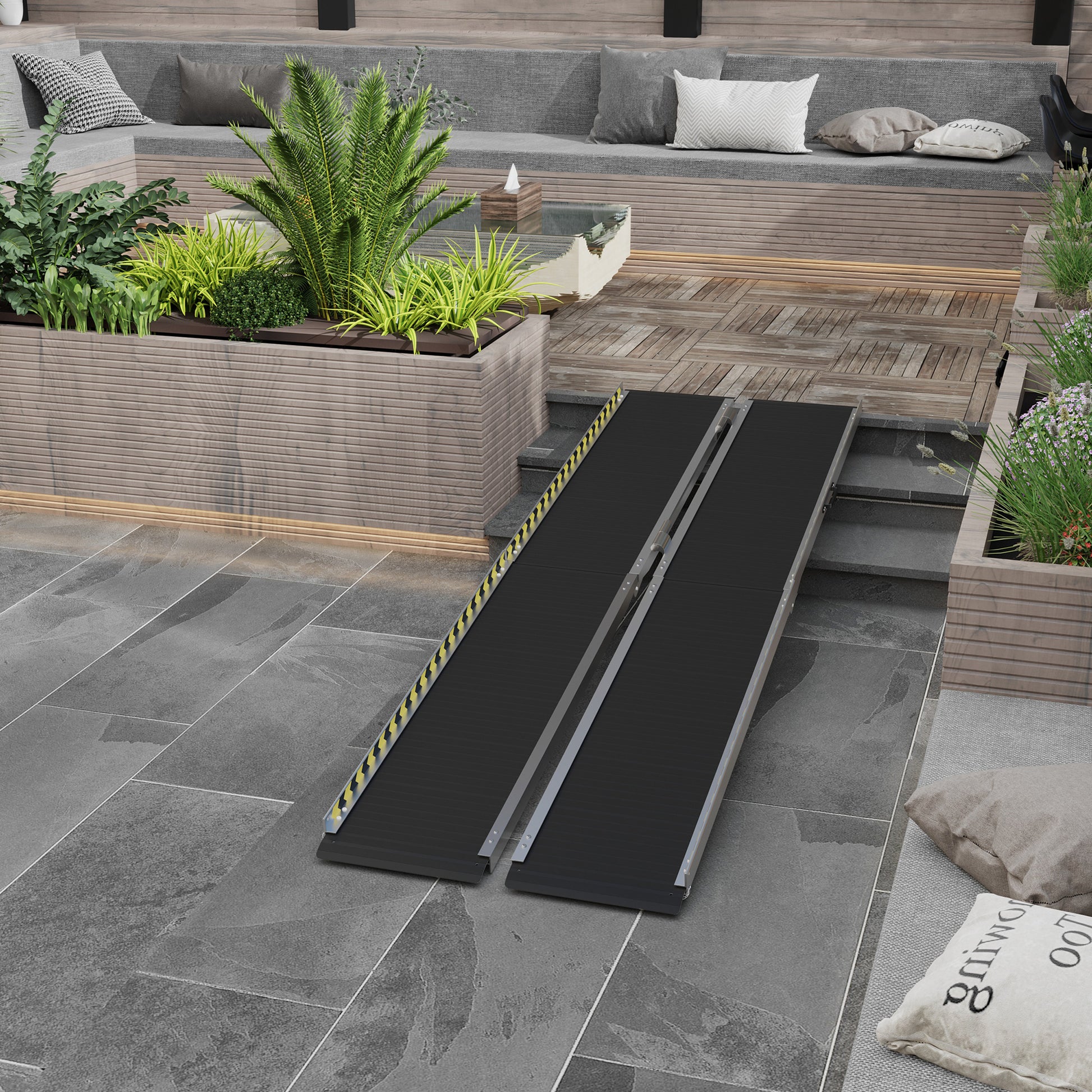 Homcom Wheelchair Ramp, 10Ft Foldable Threshold Ramp, Aluminum Handicap Ramp With Non Slip Surface, Transition Plates Above And Below For Home, Doorways, Steps, 600Lbs Capacity Black Aluminum