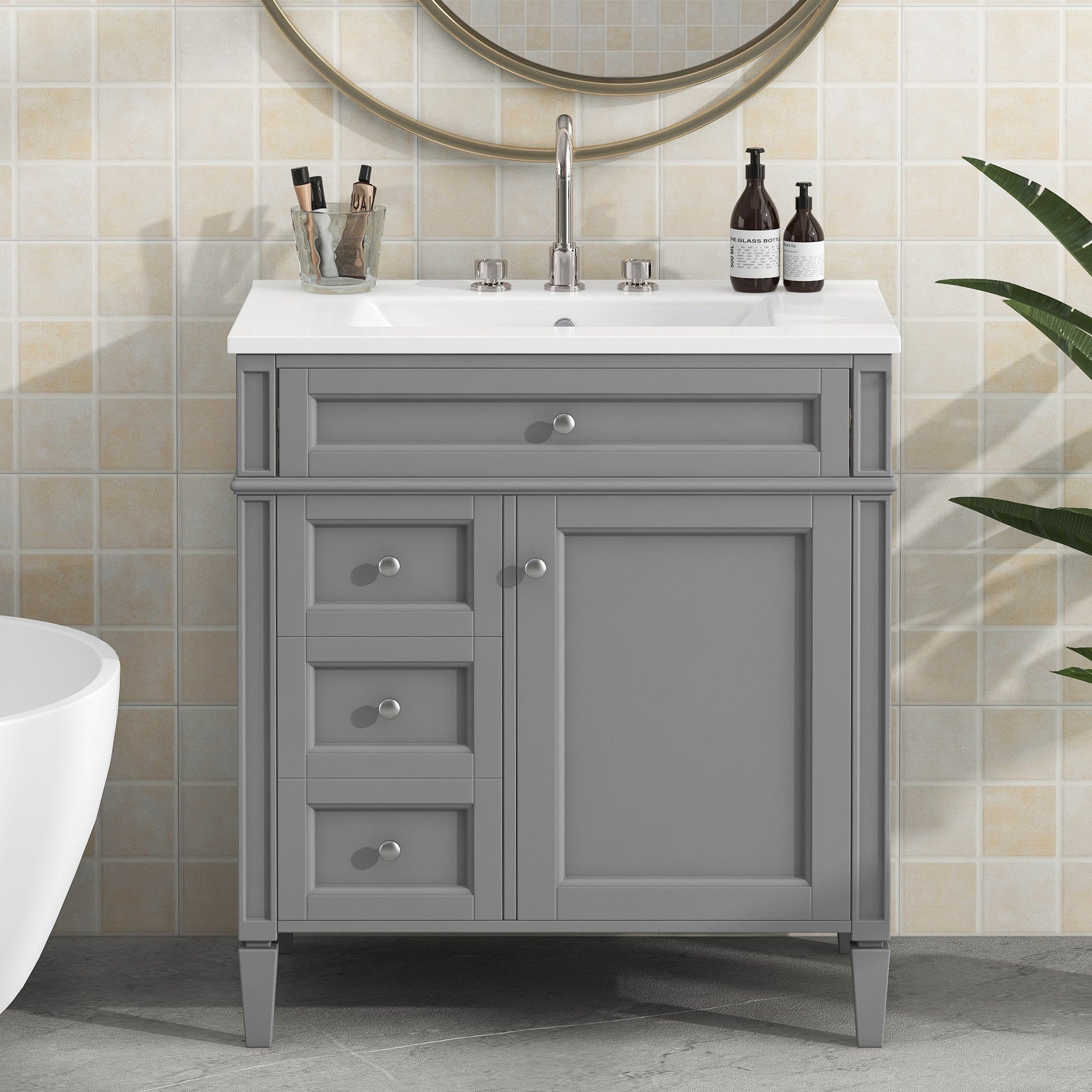 30'' Bathroom Vanity With Top Sink, Modern Bathroom Storage Cabinet With 2 Drawers And A Tip Out Drawer, Single Sink Bathroom Vanity Grey Modern Mdf Ceramic,Solid Wood Mdf