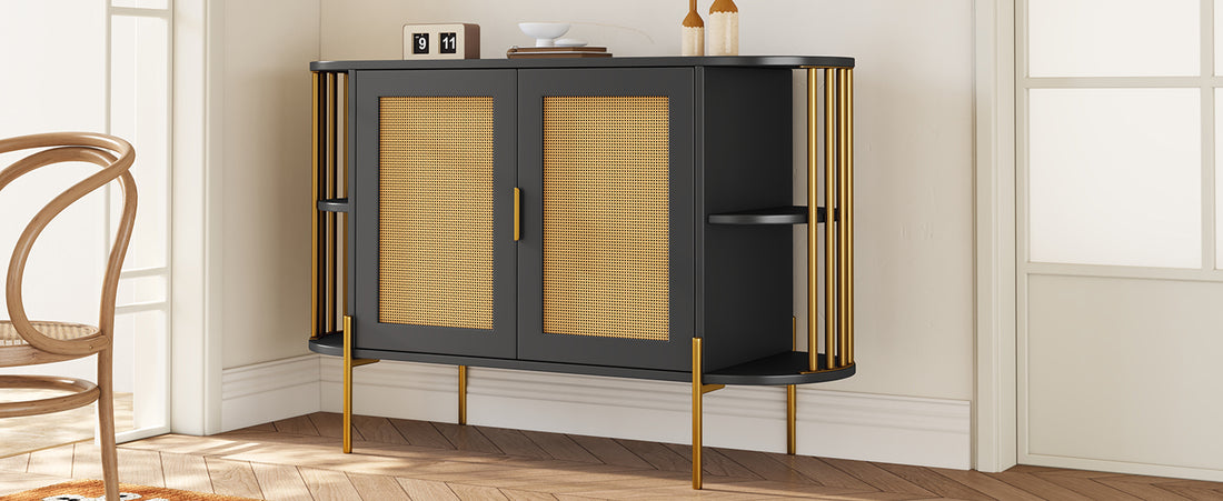 2 Door Elegant Curved Dining Cabinet With Gold Trim And Woven Rattan Doors For Dining Room Black Black Particle Board