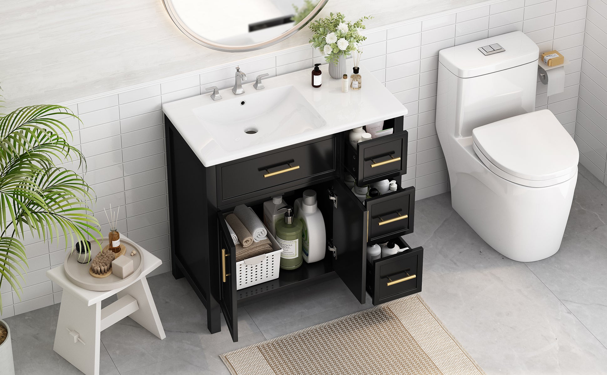 36" Bathroom Vanity With Sink Top, Bathroom Vanity Cabinet With Two Doors And Three Drawers, Solid Woodmdf Boards ,One Package, Black Black Solid Wood Mdf