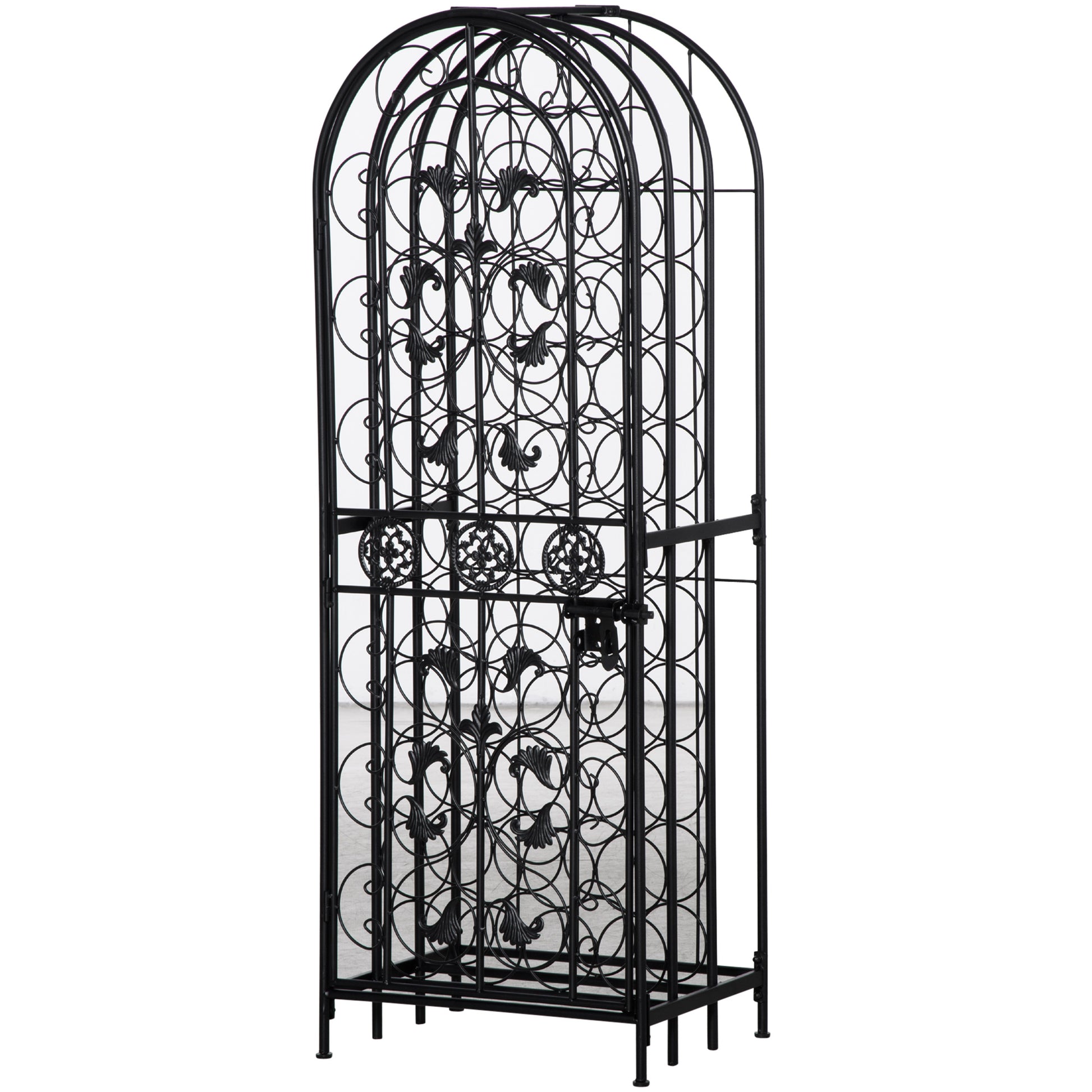 Homcom 45 Bottle Wrought Iron Wine Rack Jail With Lock Black Black Iron