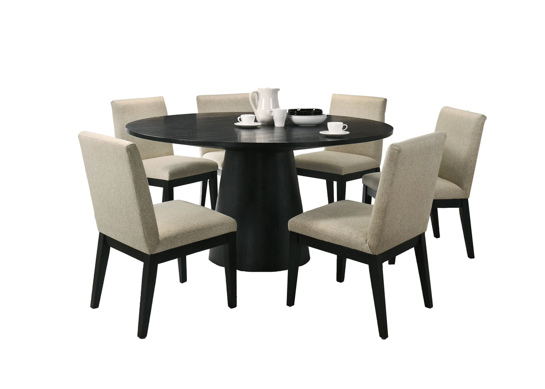 Jasper Ebony Black 7 Piece 59"W Round Dining Table Set With Beige Fabric Chairs Black Wood