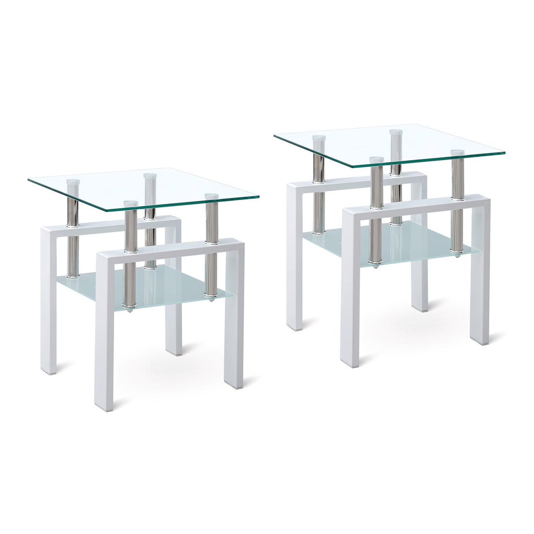 2 Pieces White Tempered Clear Glass End Table, 2 Layers Small Table With Storage, Living Room Side Table Clear Tempered Glass