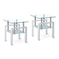 2 Pieces White Tempered Clear Glass End Table, 2 Layers Small Table With Storage, Living Room Side Table Clear Tempered Glass