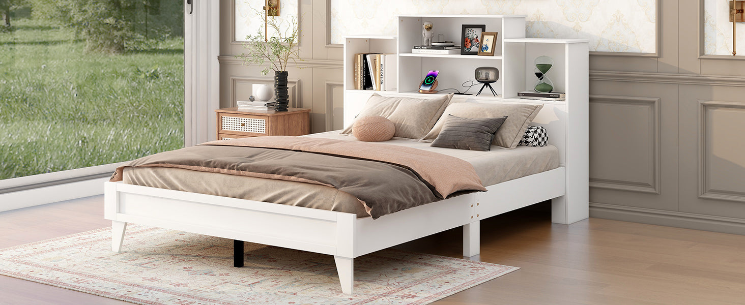 Queen Size Storage Platform Bed Frame With 4 Open Storage Shelves And Usb Charging Design,White Queen White Solid Wood Mdf