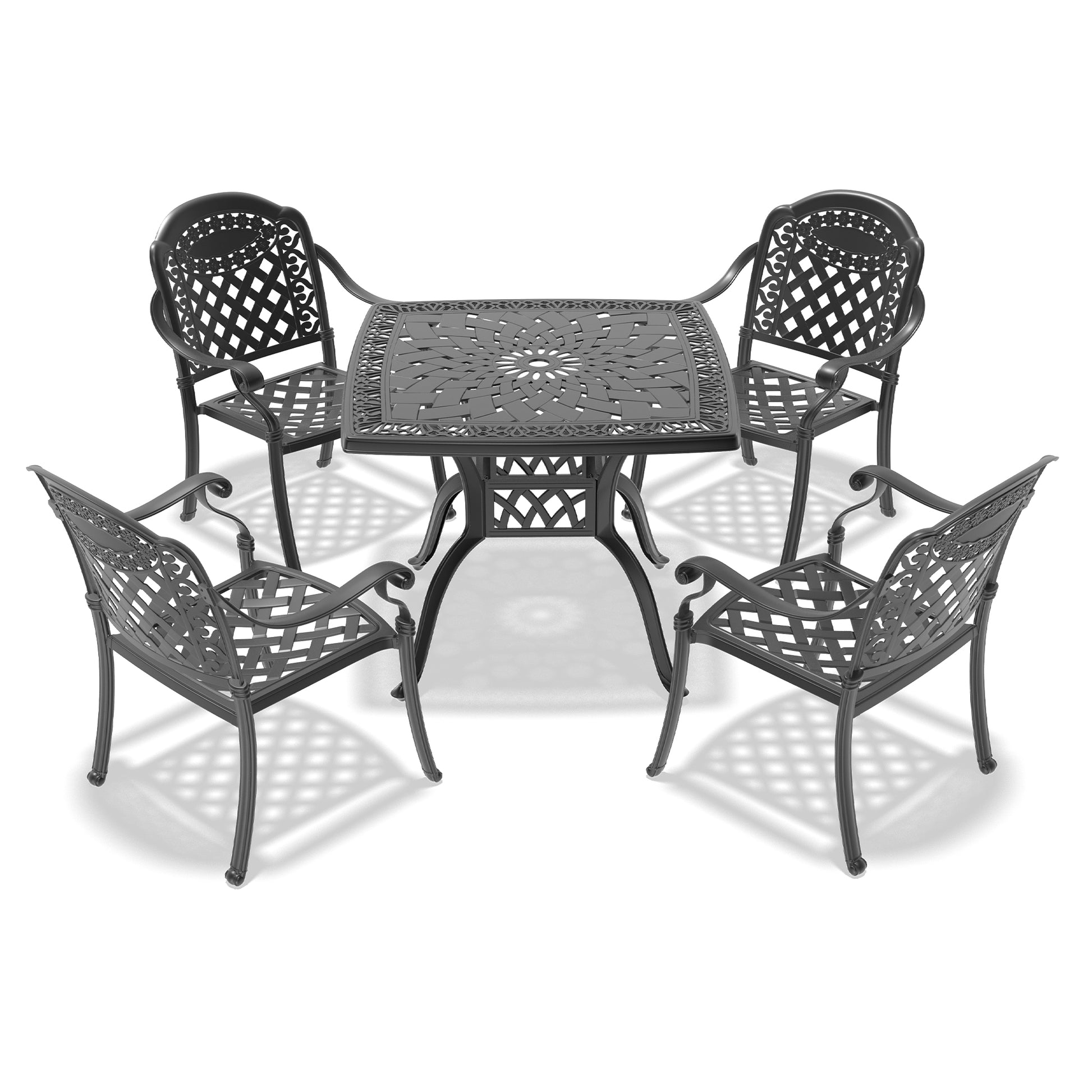 Cushions In Random Colors 5 Piece Set Of Cast Aluminum Patio Furniture With Cushions Yes Dining Set Black Seats 4 Rust Resistant Frame Water Resistant Cushion Garden & Outdoor Complete Patio Sets Aluminium