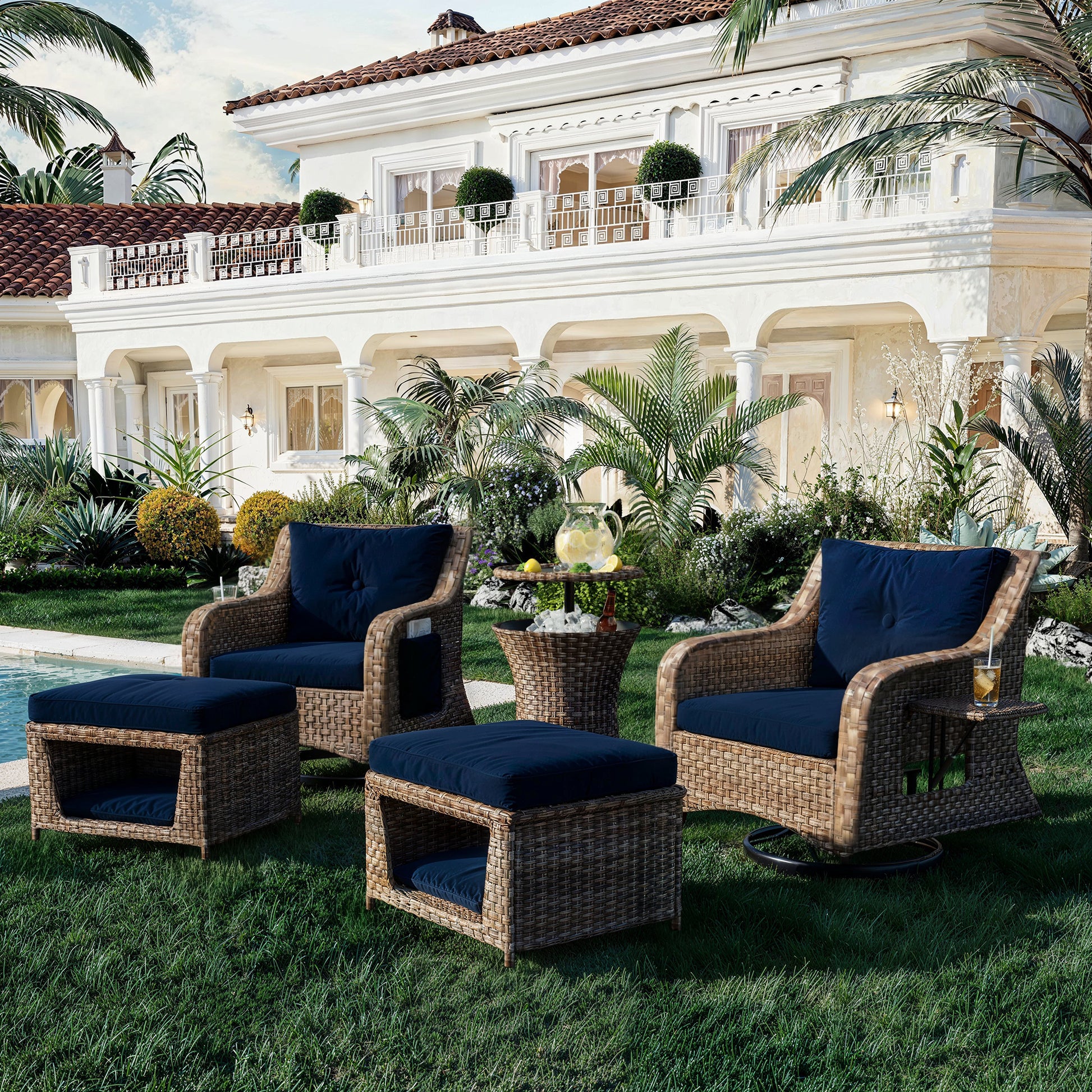 K&K 5 Pieces Outdoor Patio Furniture Set With Pet House Cool Bar And Retractable Side Tray, Rattan Wicker Patio Swivel Rocking Chairs Set Of 2 With Ottomans For Backyard, Porch, Balcony, Navy Blue Yes Rocker & Glider Navy Blue Seats 2 Weather Resistant