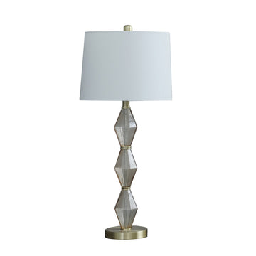 Ruth 30 Inch Accent Table Lamp, Glass Diamond Pedestal Base, White, Gold White Gold Glass Metal