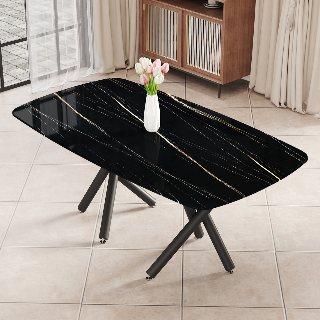 Large Modern Minimalist Rectangular Dining Table With 0.39 "Imitation Marble Black Tabletop And Black Metal Legs, Suitable For Kitchen, Dining Room, Living Room, Conference Room, And Banquet Hall