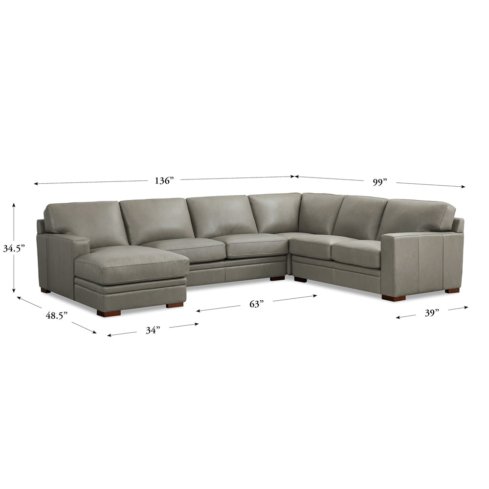 Dillon Leather Left Chaise Sectional Gray Genuine Leather Wood Primary Living Space Medium Firm Cushion Back Mid Century Modern U Shaped Eucalyptus Square Arms Memory Foam Leather 6 Seat