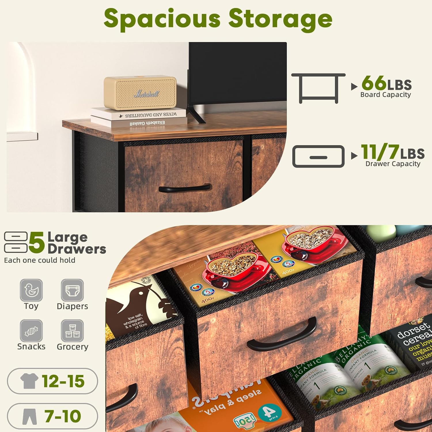 5 Drawers Dresser For Bedroom, Kidsroom Furniture, Wide Chest Of Drawers, Storage Organizer Units With Fabric Bins For Closet, Metal Frame, Waterproof Wood Top, Adjustable Feet, Rust Rust Wood