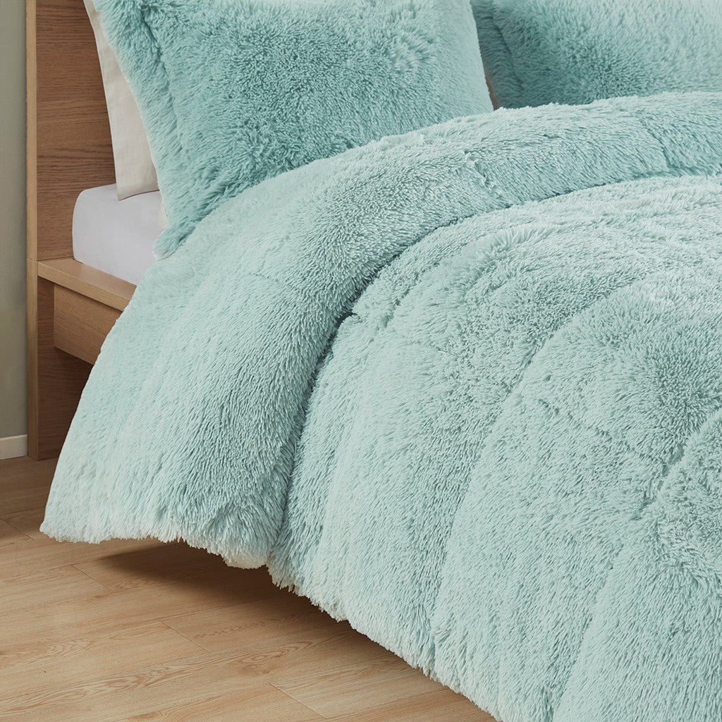 Shaggy Long Fur Comforter Mini Set Queen Blue Polyester