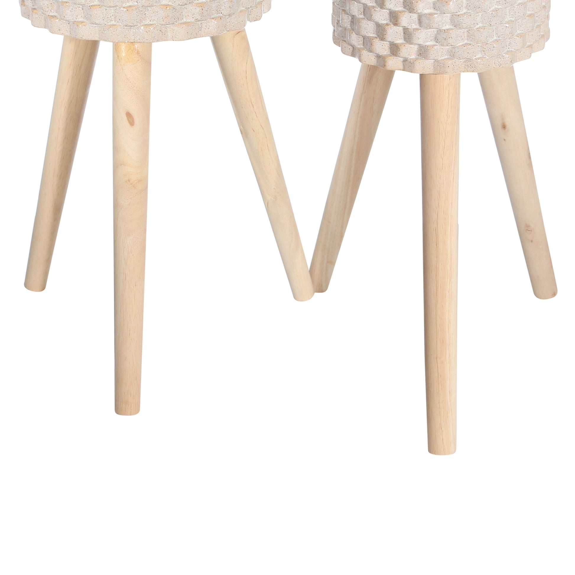 Textured Ceramic Planter With Tripod Legs, Set Of 2, Cream And Brown Cream Wood