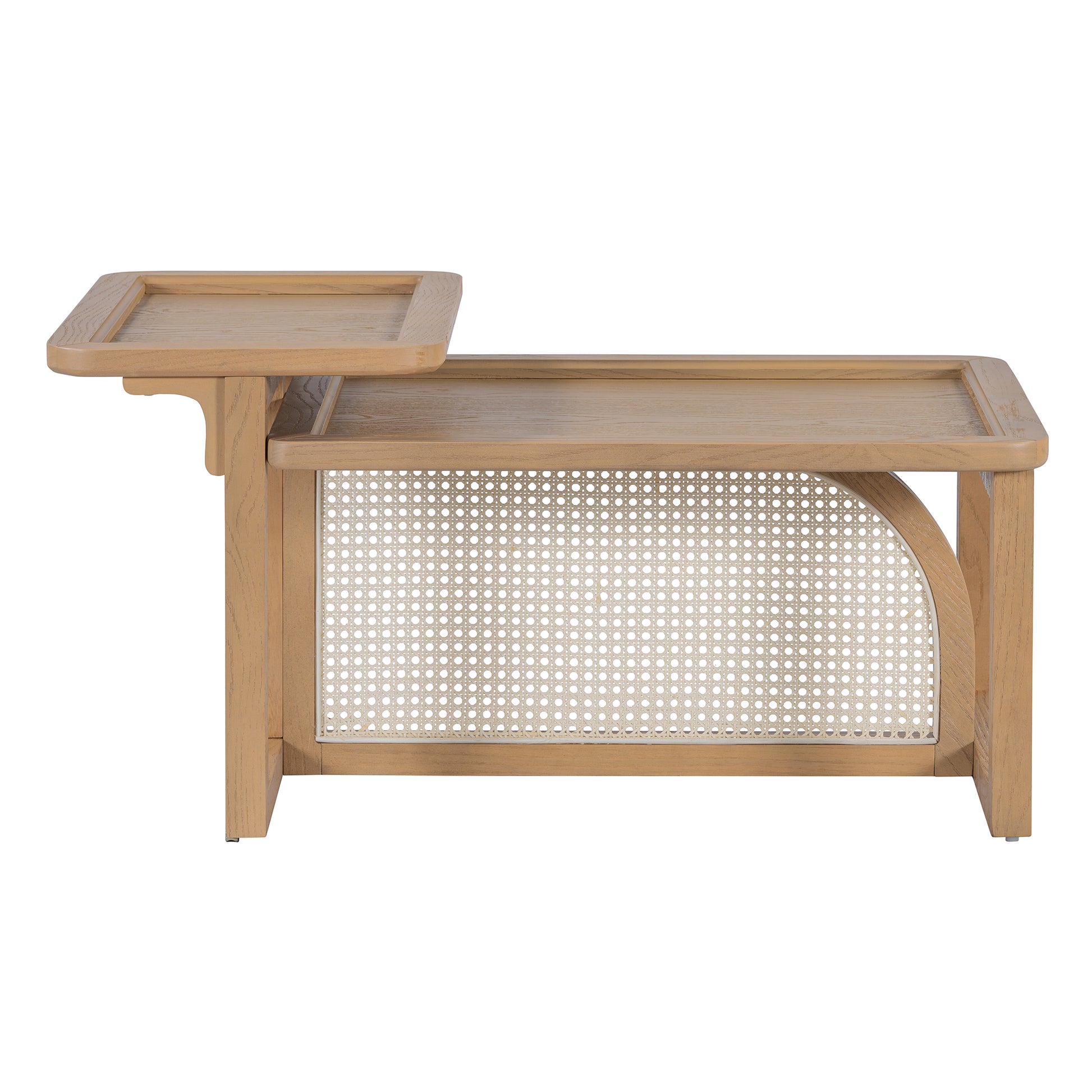 Modern 2 Piece Nesting Rattan Wood Mdf Coffee Table Set In Natural Natural Rubber Wood