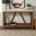 Farmhouse A Frame Faux Marble Entry Table With Lower Shelf Faux White Marble Walnut White Marble Mdf