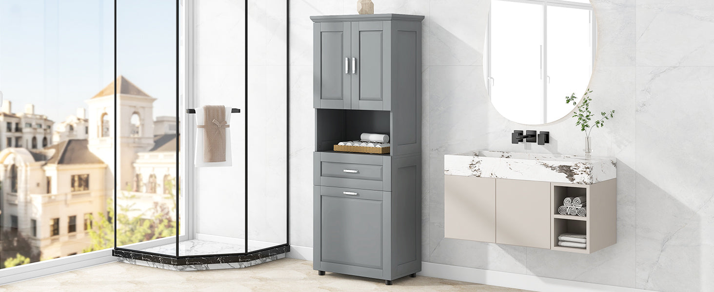 Tall Bathroom Cabinet With Laundry Basket, Large Storage Space Tilt Out Laundry Hamper And Upper Storage Cabinet, Grey Grey Mdf