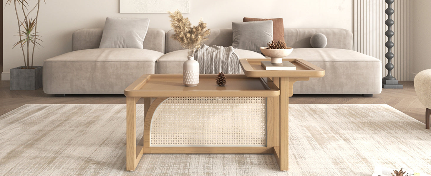 Modern 2 Piece Nesting Rattan Wood Mdf Coffee Table Set In Natural Natural Rubber Wood