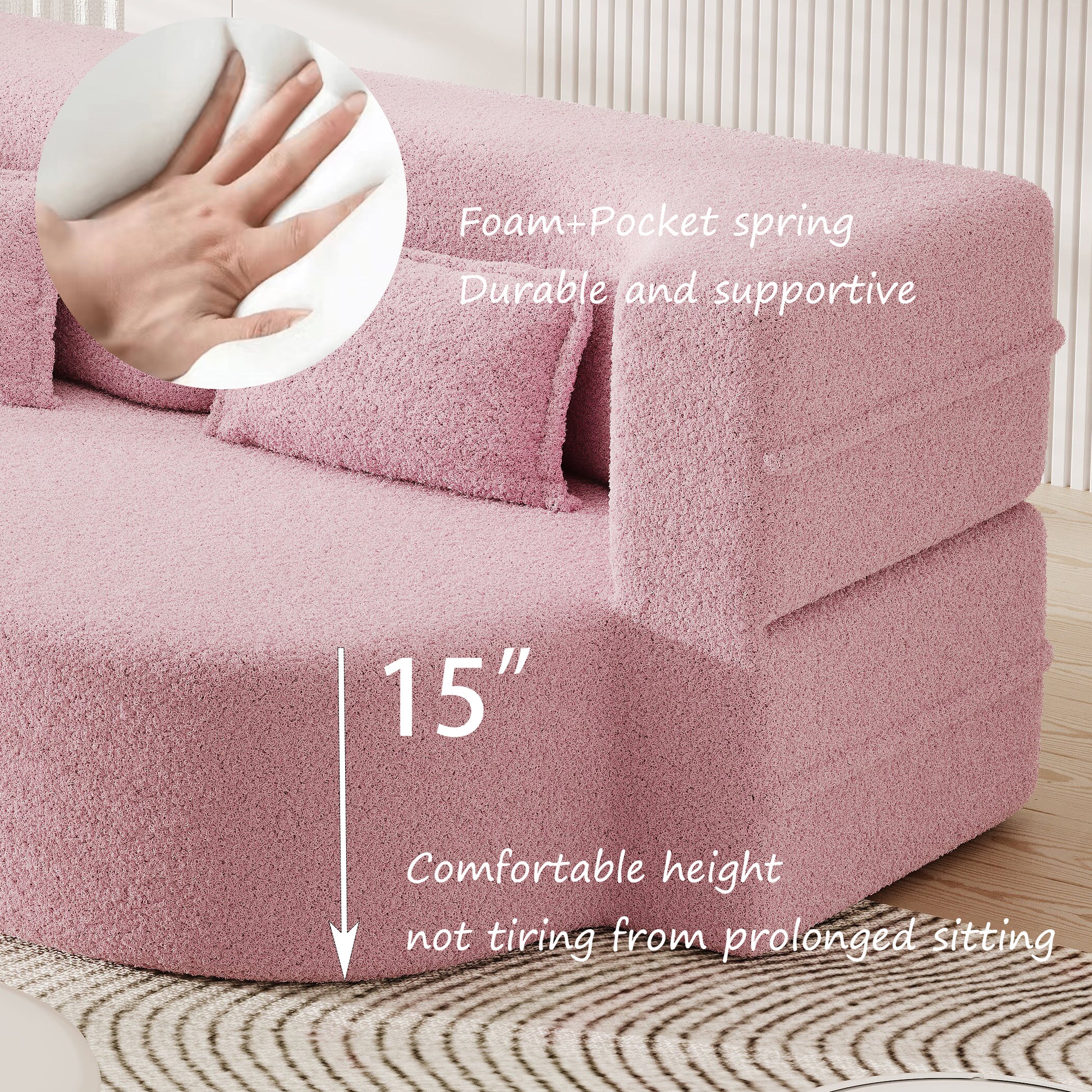 Modern Floor Sofa With 2 Pillows,Convertible Teddy Fabric Foam Filled Sleeper Sofa Bed,15" Full Size Folding Mattress For Living Room, Guest Bed, Playroom,No Assembly Required,Pink Pink Foam Spring 2 Seat