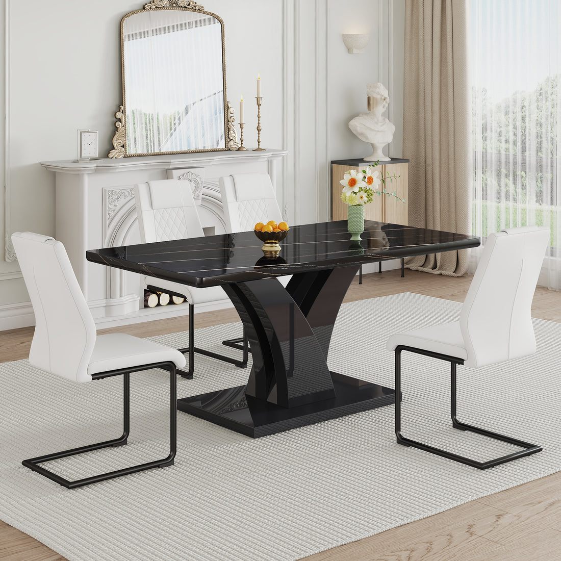 Table And Chair Set, Modern Dining Table, Black Tabletop And Black Mdf Leg Table, Soft And Comfortable Dining Chair, Perfect For Dinner, Meetings, Home And Office Decor White Black Mdf