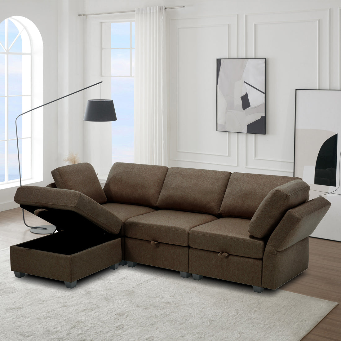 Convertible Sectional Sofa With Chaise, L Shaped Sofa Couch Modular Sectional Sofa With Storage Seats, Adjustable Arms And Backs Brown Brown Polyester 3 Seat