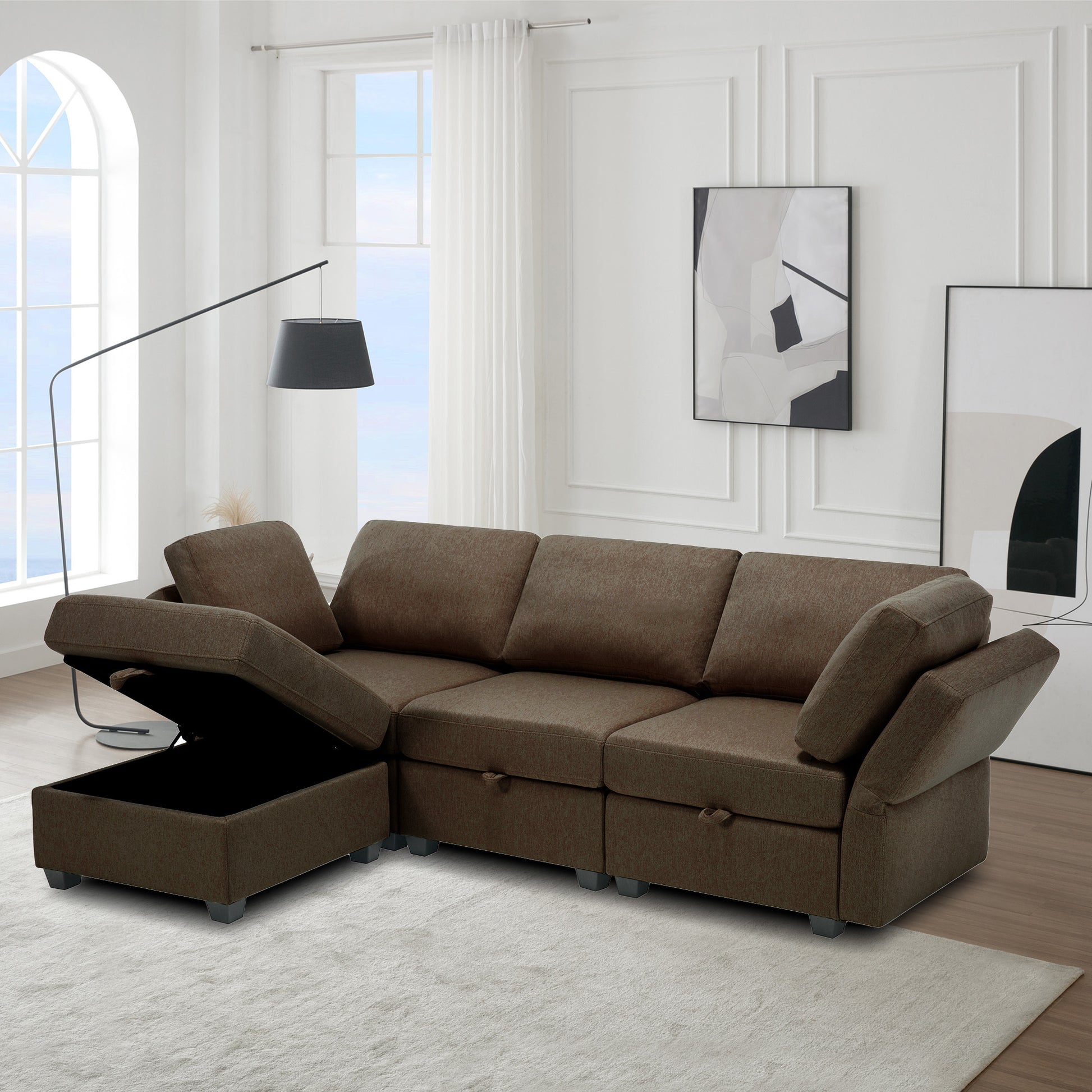 Convertible Sectional Sofa With Chaise, L Shaped Sofa Couch Modular Sectional Sofa With Storage Seats, Adjustable Arms And Backs Brown Brown Polyester 3 Seat