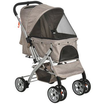 Pawhut Dog Stroller For Small Dogs Cats, 4 Wheels One Click Fold Pet Stroller With Swivel Wheels, Brake, Basket Storage, Safety Belts, Adjustable