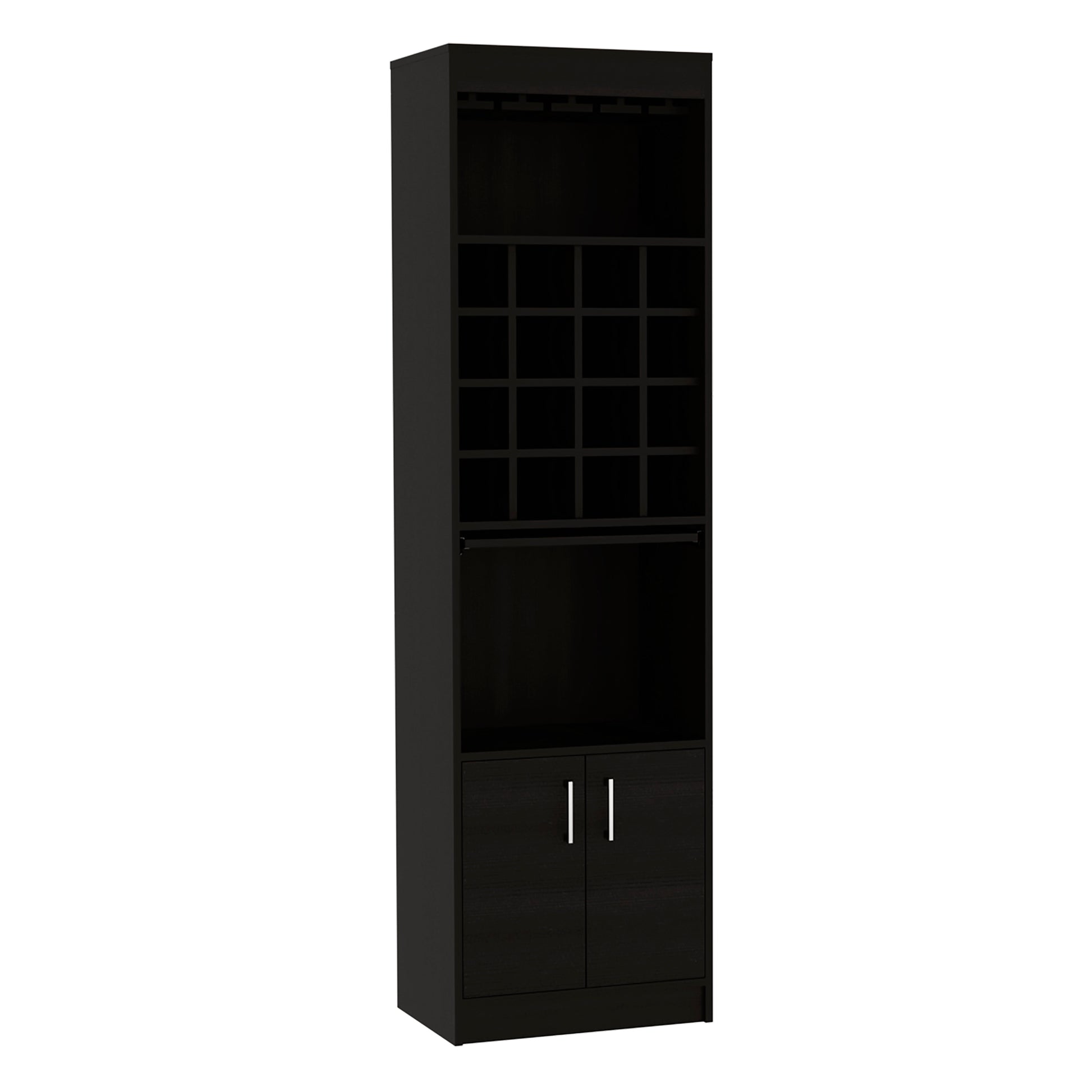 Kava Bar Cabinet, Concealable Serving Tray, Sixteen Built In Wine Rack, One Shelf, Double Door Black Black Particle Board