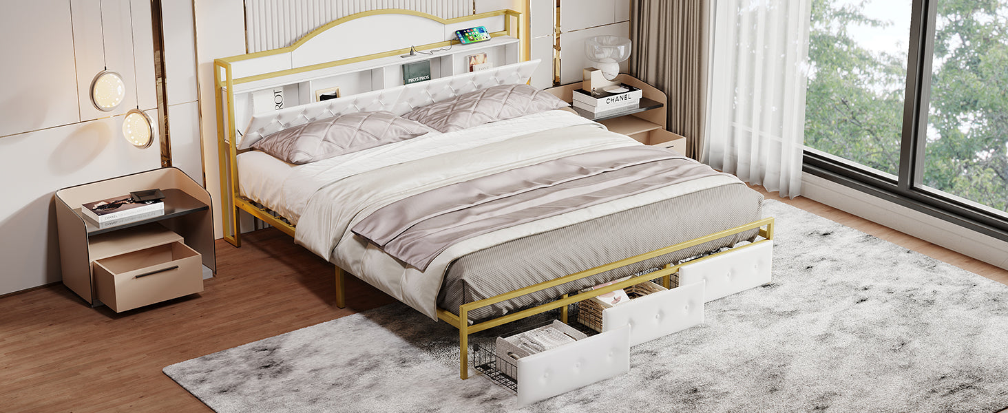 Metal Platform Bed With 3 Drawers, Storage Headboard, King, Gold King Gold White Fabric Metal