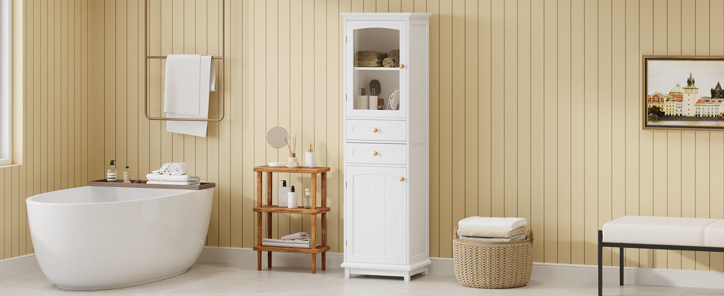 Tall Bathroom Storage Cabinet With Glass Doors, Free Standing, Two Drawers, And Adjustable Shelves, Mdf Board, Painted White Perfect For Displaying Your Favorite Items 2 White 2 4 Adjustable Shelves Bathroom Freestanding Partice Board Mdf Pine Wood