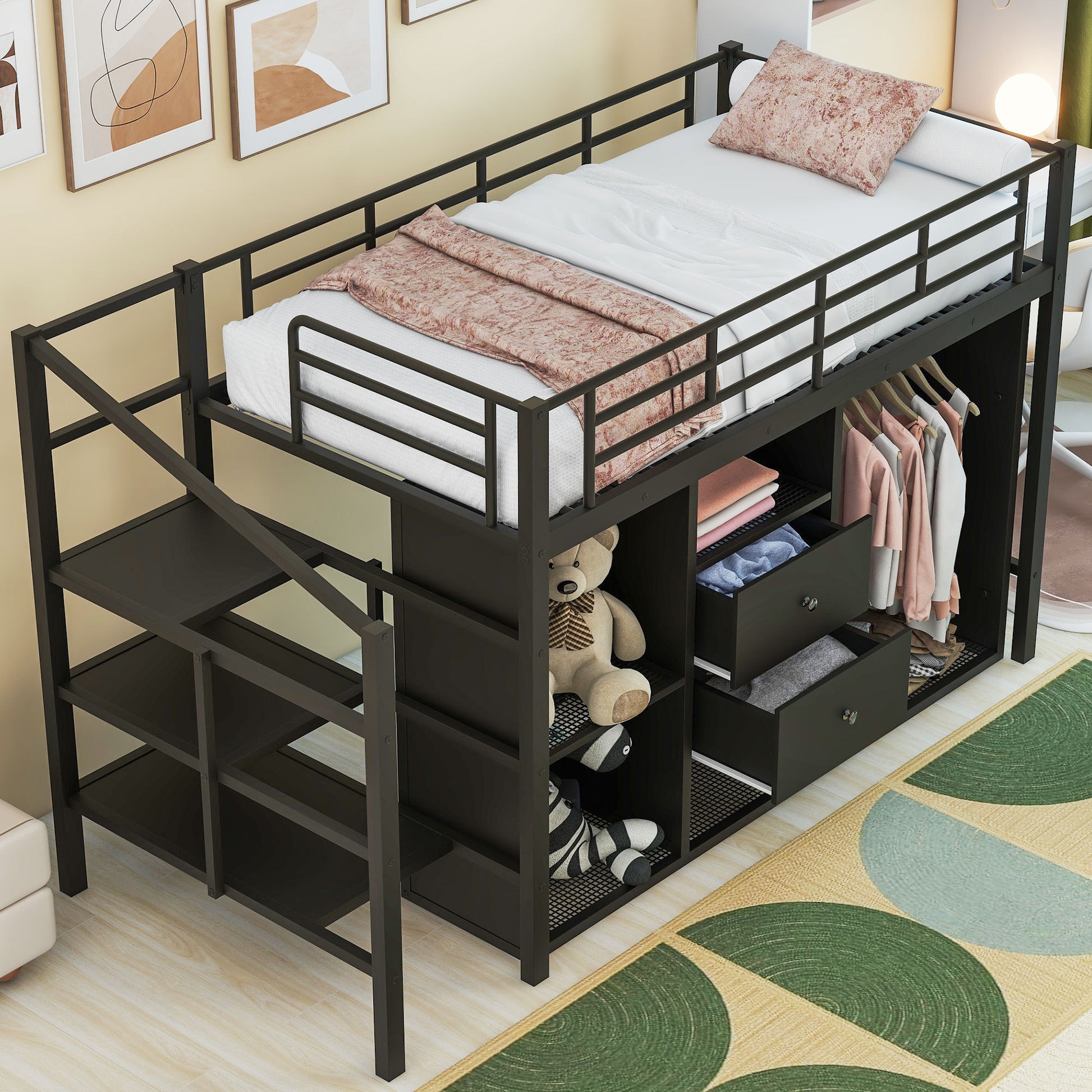 Twin Size Metal Loft Bed With Drawers, Storage Staircase And Small Wardrobe Twin Black Mdf Metal