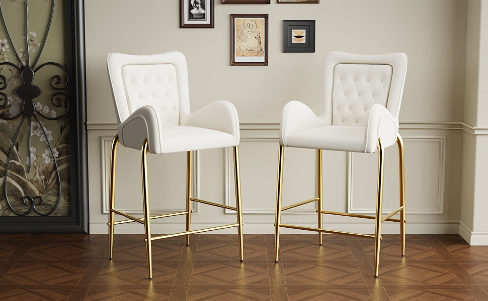 28.75Inch Counter Height Bar Stools Set Of 2, Bar Height Arm Chairs, Velvet Fabric Stools With Golden Legs And Footrests, White Solid Kitchen Tufted Back Set Of 2 Wood White Powder Coated Foam Spot