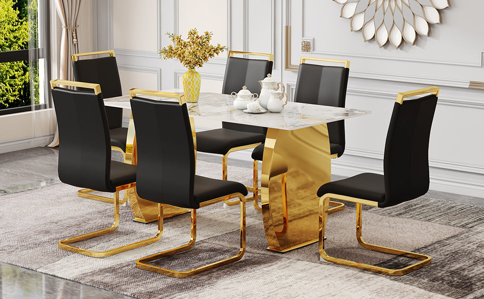 Table And Chair Set, Rock Plate Table Top, Gold Metal Table Legs, Stable And Beautiful, Suitable For Most Home Styles. Modern Simple Dining Table, Comfortable Seating. Black Gold Seats 6 Sintered Stone