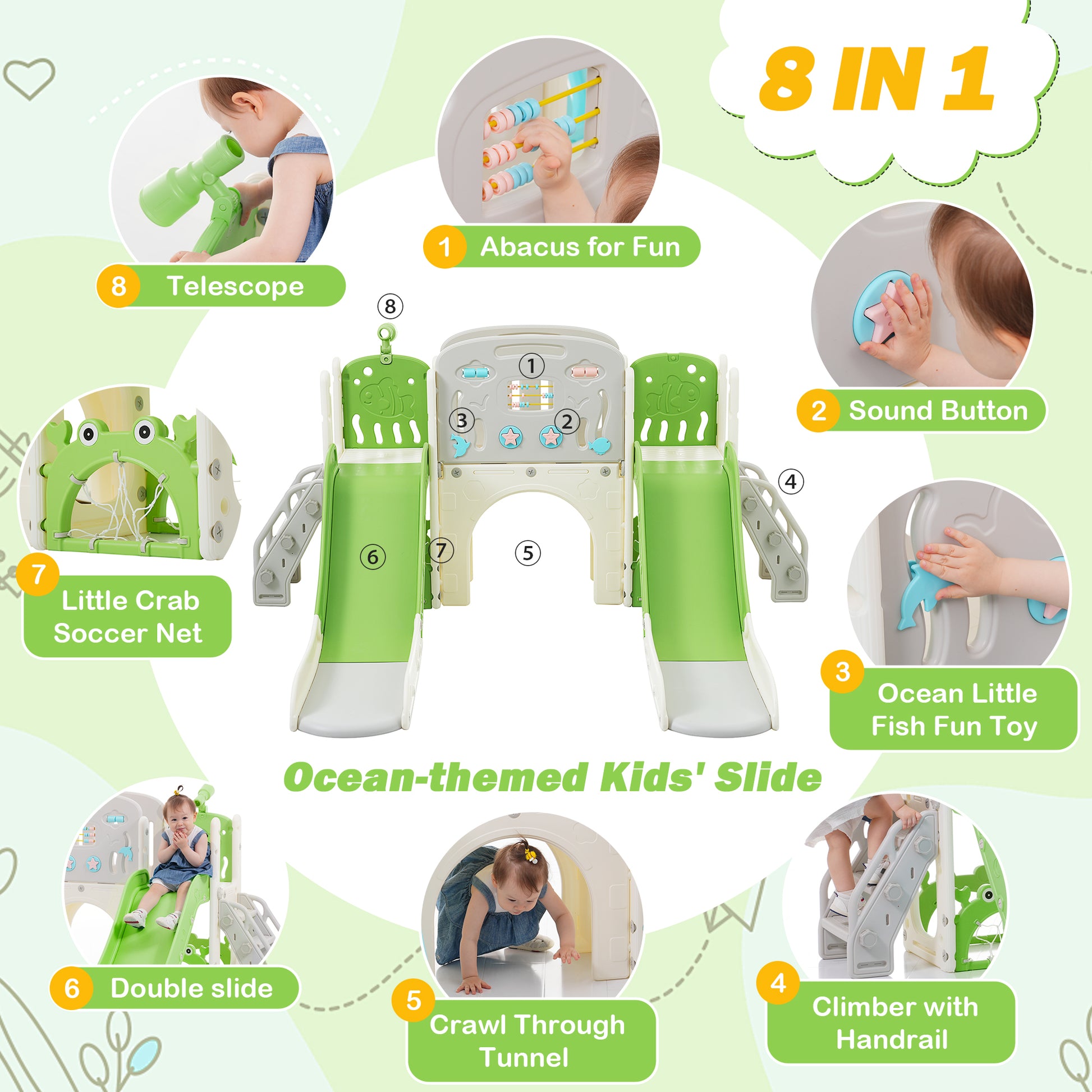 Kids Slide Playset Structure 8 In 1, Freestanding Ocean Themed Set With Slide, Arch Tunnel,Basketball Hoop And Telescope, Double Slides For Toddlers, Kids Climbers Playground Green 50 99 Lbs Cute 1 To 2 Years Hdpe Indoor & Outdoor Use