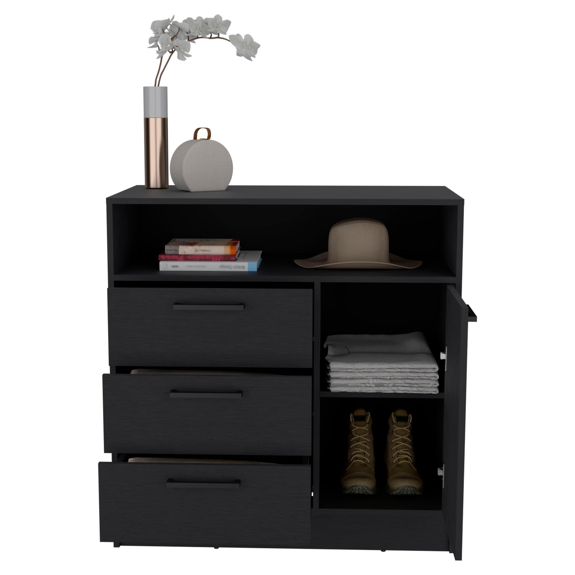 Omaha Dresser Multi Storage Compact Unit With Spacious 3 Drawers And Cabinet Black Black Particle Board