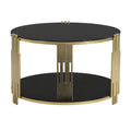 Modern Black Mirror Coffee Table, Asymmetrical Metal, Circular Metal Drum Base, Gold Finish & Lower Shelf Black Tempered Glass